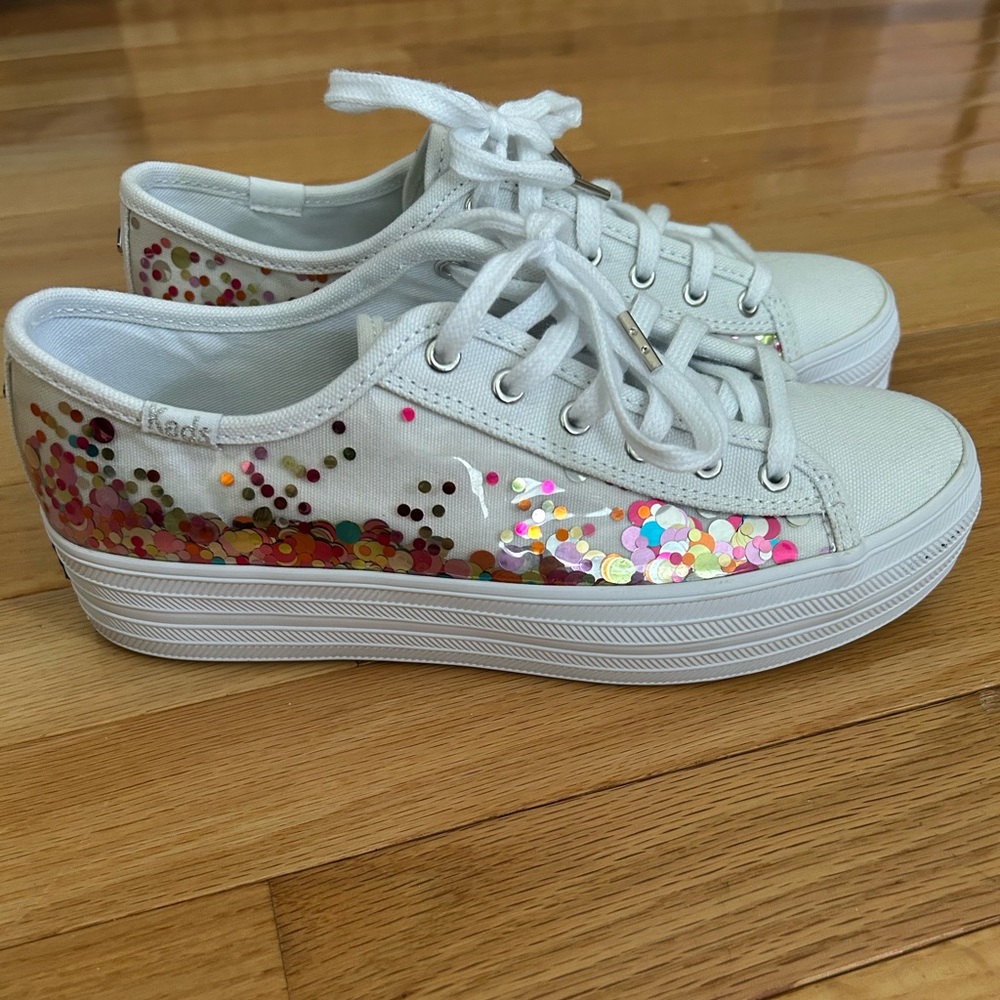 Keds x Kate Spade White Canvas Platform Sneakers with Multicolor Sequins